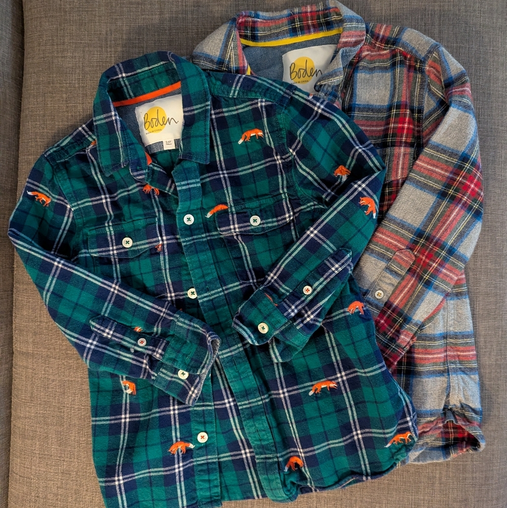 Boden Boys Flannel Shirt Set - Embroidered Fox & Gray Plaid
